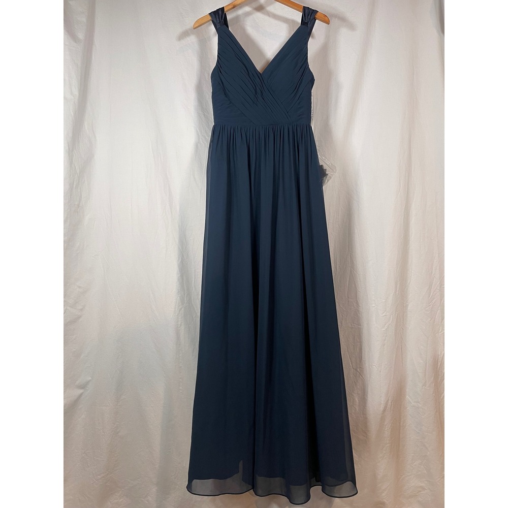 Azazie Dark Navy Blue Chiffon V-Neck Pleated Formal Bridesmaid Dress A4 Gown